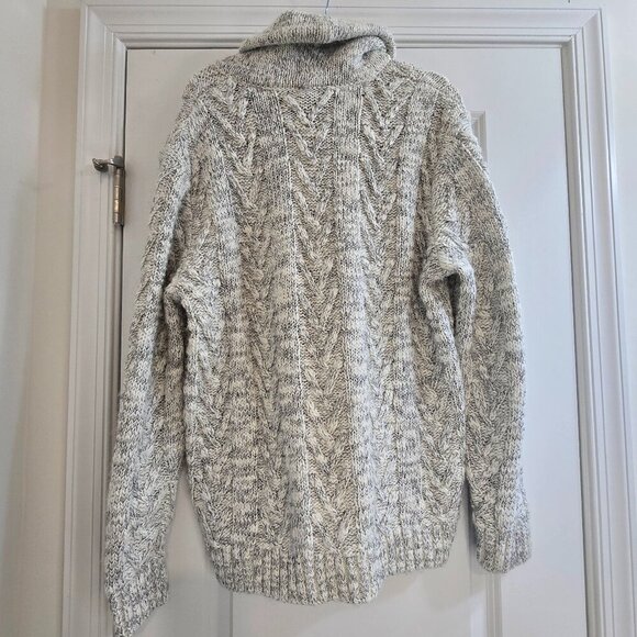 Men's Express Cable Knit Ribbed Sleeve Shawl Collar Sweater - White with Black - Picture 2 of 6